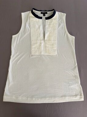 J. Crew White Sleeveless Pintuck Front Top with Navy Collar